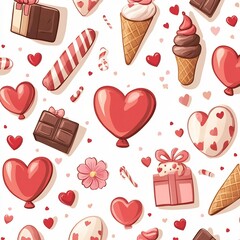 Festive Valentine s Day Pattern with Hearts Gifts and Sweets in Cartoon Style