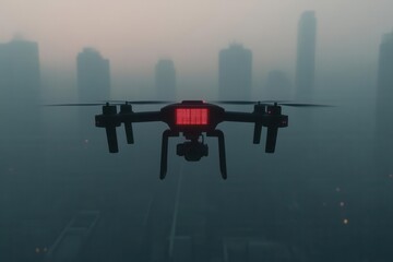 A hightech drone displaying a toxic health warning in a foggy urban landscape, innovative