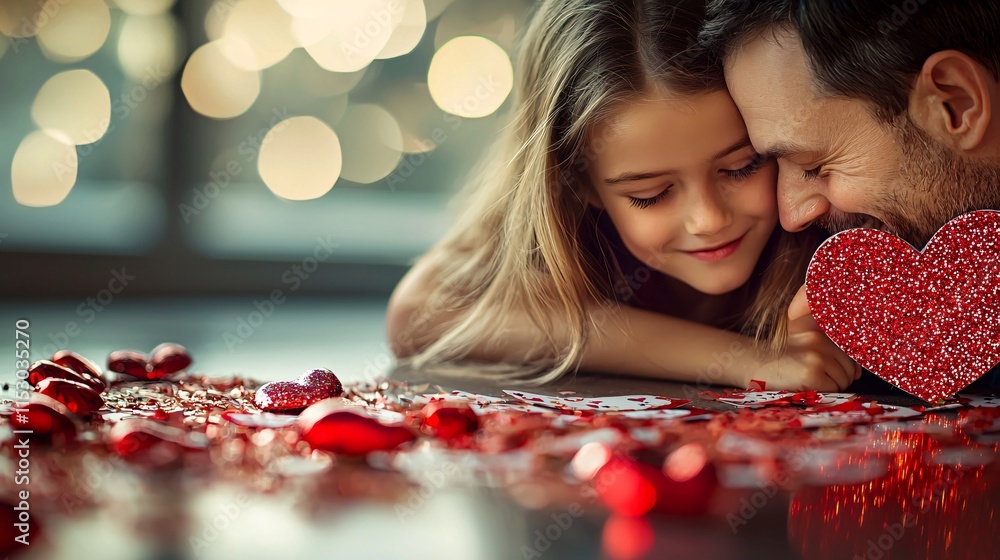 Aufkleber a parent helping their child create a valentine craft project with glitter and stickers stock photo 