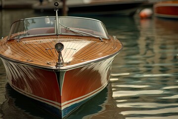 Obraz premium Classic wooden boat resting on calm waters.