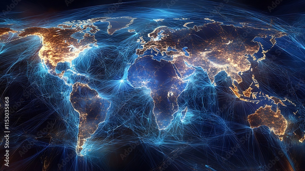 Poster visualization of global connections with highlighting the intricate network that binds the world tog