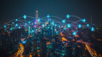 Smart digital city with connection cyber security network reciprocity over the cityscape . future smart wireless digital city and social media networking systems that connects people within the city