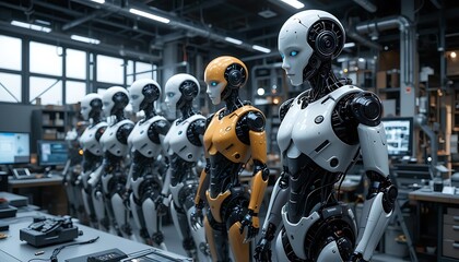 Fototapeta premium Advanced Robots Stand in a Modern Factory Setting