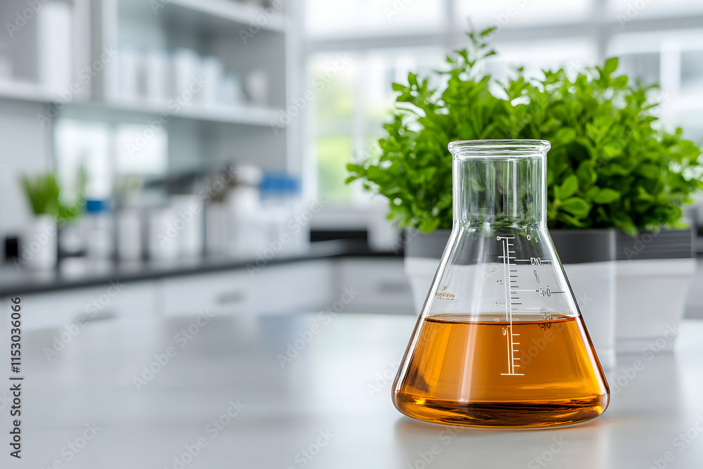 Poster laboratory erlenmeyer flask with amber liquid, scientific research in a clean lab setting