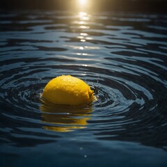 A glowing lemon surrounded by ripples in a pool of water.