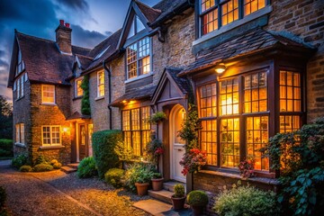Charming English Cottage Exterior at Dusk, Wooden Sash Windows, UK
