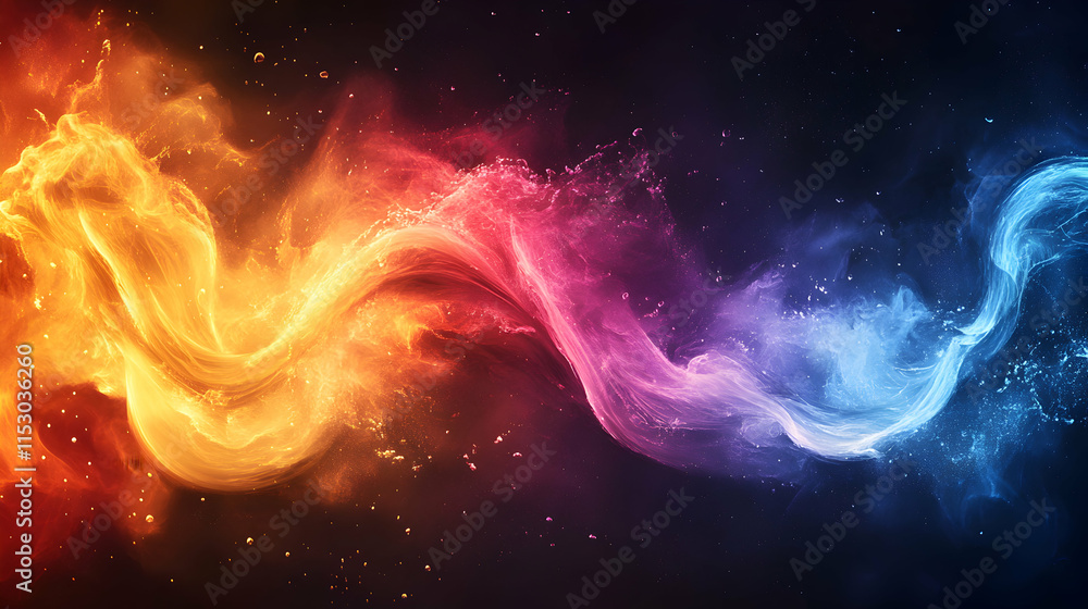 Poster abstract fiery and icy swirls, vibrant color waves flow dynamically across dark cosmic background, c
