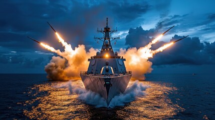 Obraz premium Powerful Naval Warship Unleashing Missile Barrage During Stormy Conflict at Sea