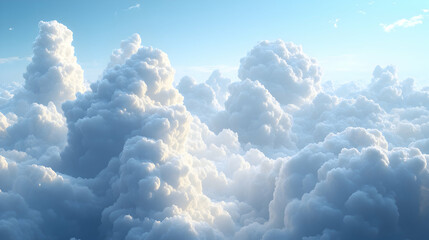 Stunning Aerial View,  Fluffy Cumulus Cloudscape at Dawn, Illuminated by Sunlight, Creating a Dreamlike Atmosphere.