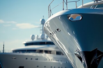 Close-up of luxury yachts at a marina.