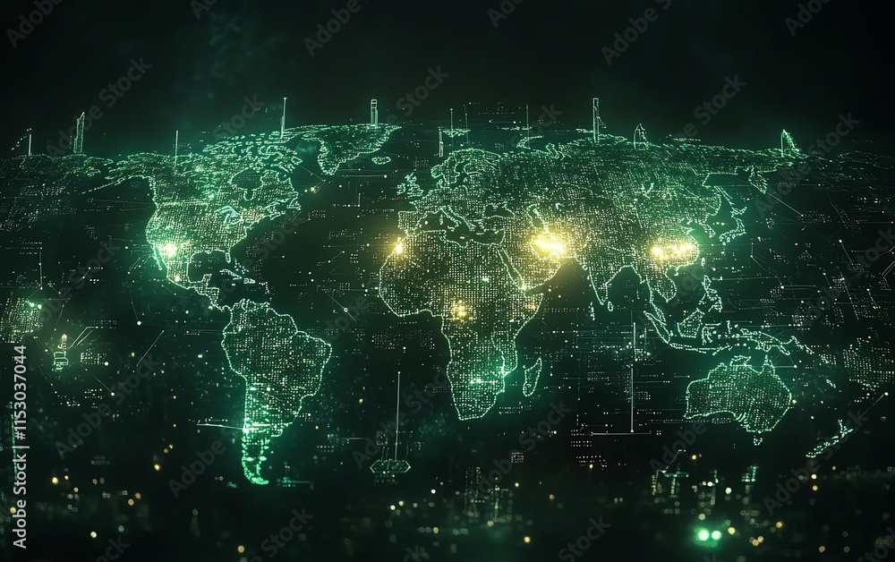 Poster highdefinition digital world map with glowing connections and technological symbols, visualizing glo