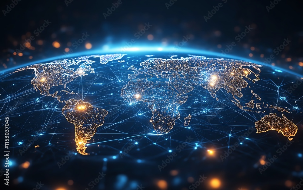 Poster highdefinition digital world map with glowing connections and technological symbols, visualizing glo