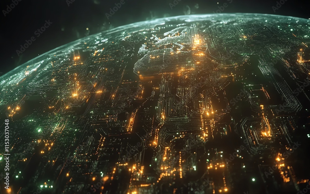 Poster highdefinition digital world map with glowing connections and technological symbols, visualizing glo