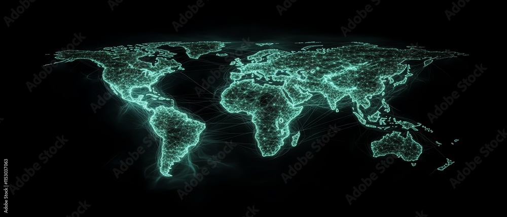 Poster hightech world map with glowing digital lines representing global connections, symbolizing technolog
