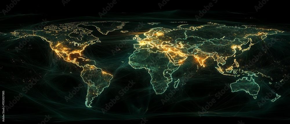 Poster hightech world map with glowing digital lines representing global connections, symbolizing technolog