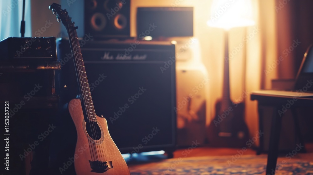 Poster a pristine musical instrument setup with a neatly arranged guitar and amplifier, a cozy room with so