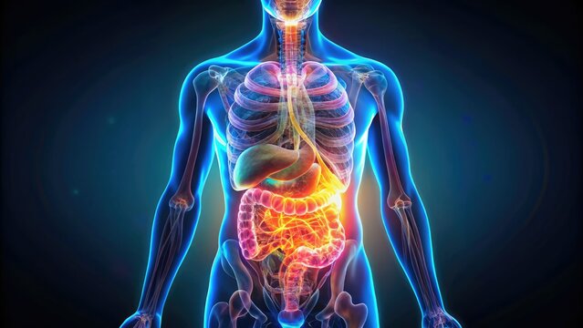 Intricate holographic gut: minimalist art showcasing essential digestive anatomy.