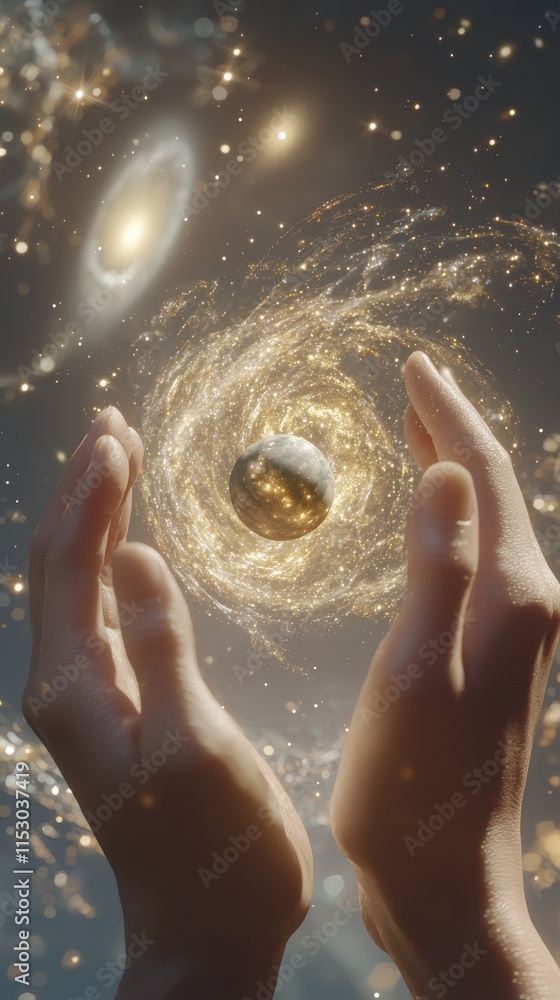 Poster cosmic creation glowing hands lifting a small planet in a celestial environment with swirling light