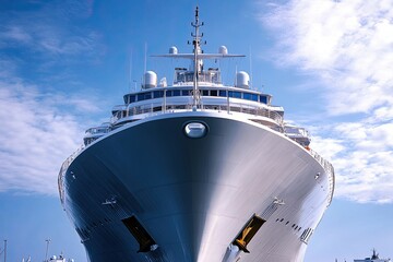Front view of a large cruise ship against a blue sky.
