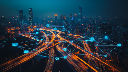 Fototapeta premium Smart digital city with connection cyber security network reciprocity over the cityscape . future smart wireless digital city and social media networking systems that connects people within the city