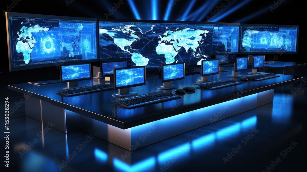 Poster global surveillance command center: high-tech monitoring system