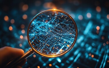 Magnifying glass over analytical data, charts, and numbers on a white background, symbolizing focus on key business insights, 4K precision