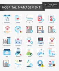 Hospital management flat color icons set. contain surgery, appointment, doctor, nurse, diagnostic, clinic and more. Vector EPS 10 for print, digital UI, UX kit, web and app for business management.