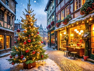 Christmas Tree in European Winter Market Shop Window, Festive Decorations, Holiday Season