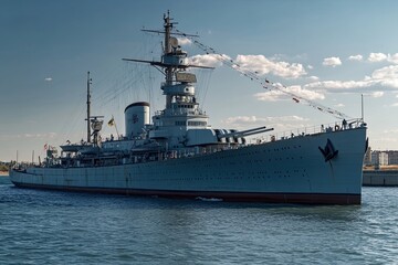 Historic battleship sailing in calm waters.