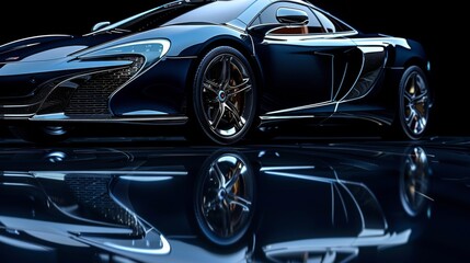 Close up of a stylish blue sports car with chrome wheels reflected on a glossy black surface