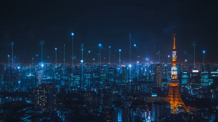 Fototapeta premium Smart digital city with connection cyber security network reciprocity over the cityscape . future smart wireless digital city and social media networking systems that connects people within the city