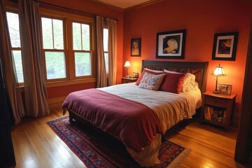 Stylish interior of contemporary bedroom with comfortable bed 