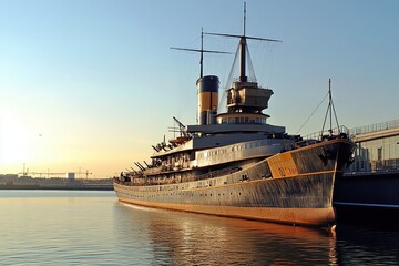Naklejka premium Historic ship docked at sunset by the waterfront.