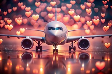 Fototapeta premium A love journey. The plane and the hearts are all around. A gift for your beloved on Valentine's Day as a romantic trip. A banner for offers and promotions from the tour operator.
