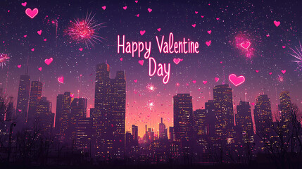 Romantic City Skyline with Glowing Hearts and Sparkling Lights for Valentine’s Night