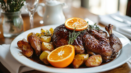 Succulent roasted chicken garnished with orange slices and herbs, served alongside golden roasted potatoes on an elegant dining table setting