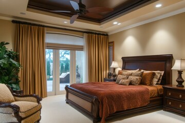 Stylish interior of contemporary bedroom with comfortable bed 