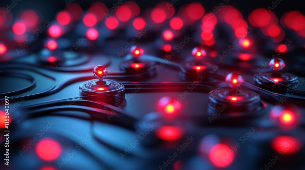 Poster abstract network of glowing red nodes on a dark surface.