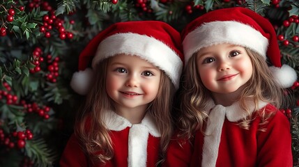 Happy Toddler Girls in Santa Costumes on Holly Berries Background