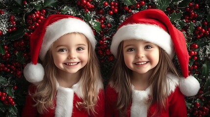 Happy toddler girls in Santa costumes on holly and berry background