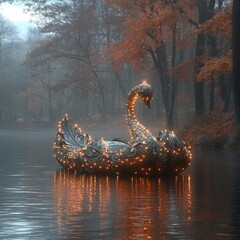 Ornate swan boat on misty autumn lake at dusk.