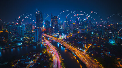 Fototapeta premium Smart digital city with connection cyber security network reciprocity over the cityscape . future smart wireless digital city and social media networking systems that connects people within the city