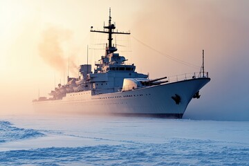 Obraz premium Icebreaker ship navigating through a snowy landscape.