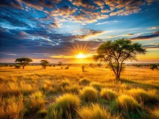 Kruger sunrise: long exposure captures savanna's vibrant hues, wildlife silhouetted against a fiery dawn.