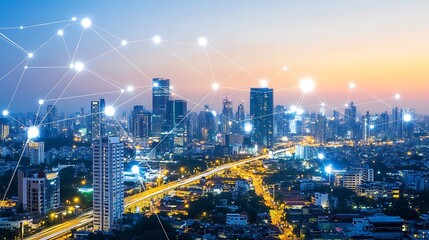 Vibrant city at night with showcasing interconnected network technological advancements.