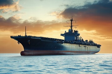 Obraz premium Large ship anchored at sunset in calm waters.