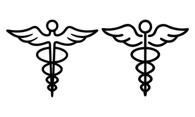 Caduceus Medical Symbol Outline Icons, Two black-and-white outline caduceus icons featuring serpents and wings, symbolizing medicine, healthcare, and medical services for professional use.  
