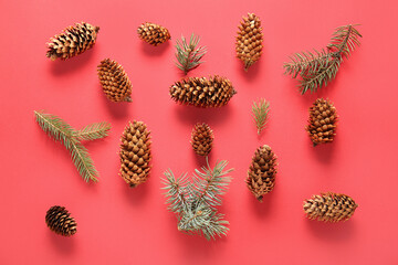 Fototapeta premium Pine cones and fir branches on red background