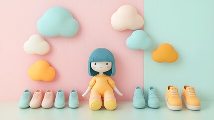 Obraz premium A Cute Cartoon Girl Sits With Pastel Shoes and Clouds