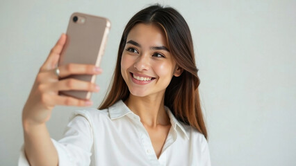 Naklejka premium Beautiful cheerful young woman in a white blouse, takes a selfie on the phone, light background. Banner